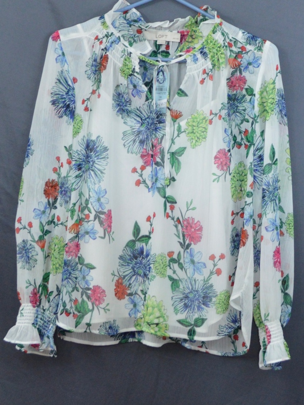LOFT White Floral Sheer Blouse NWT Smocked Long Sleeve with Camisole Size M P